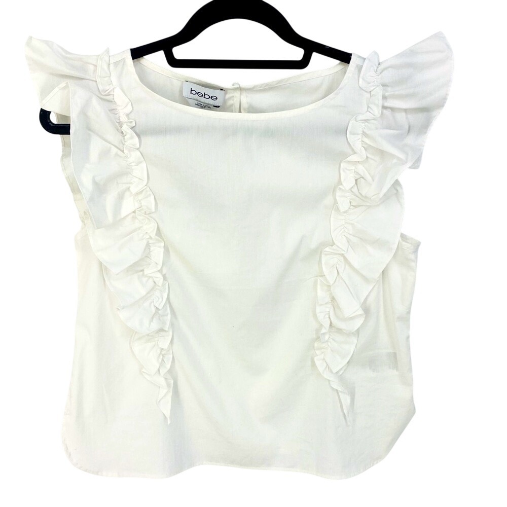 Bebe White Side Ruffle Sleeveless Top‎ Round Neck Blouse 60UPV102AG91 XS NEW